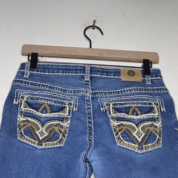 Western Blue Denim Jean Pant Women 30 Blue Embroidered Indie Rock Riding Bootcut - Picture 3 of 15